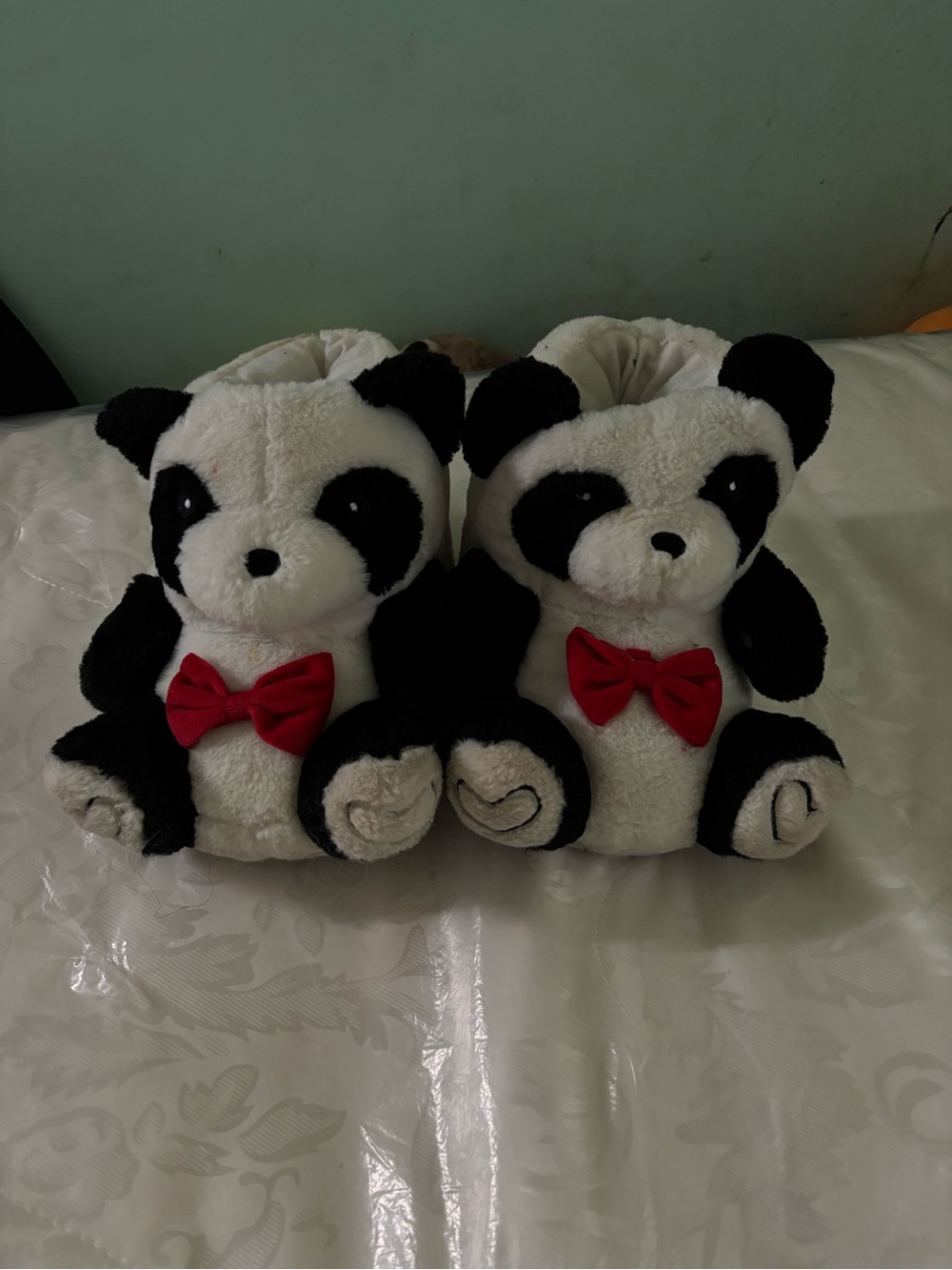 Forever 21 Plush Panda Slippers with Red Bow - Cozy Indoor Shoes